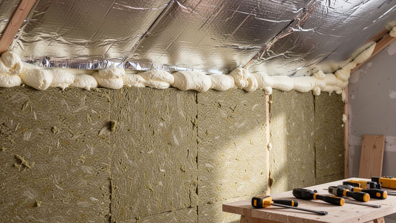 Rock wool boards on wall, aluminum foil on ceiling, spray foam in gaps, tools nearby.