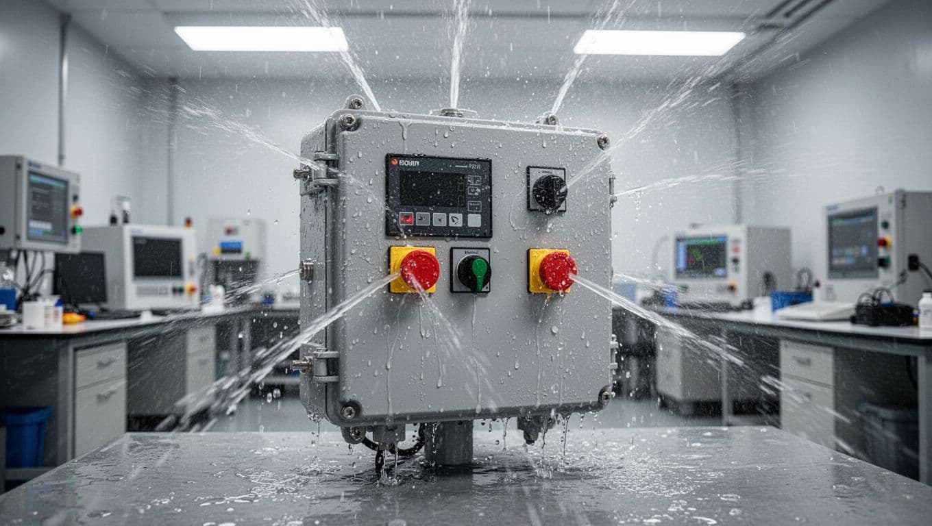 工廠控制箱 IP 等級怎麼選,粉塵與水氣差很多 Industrial control box hit by water jets from multiple directions in a clean lab.
