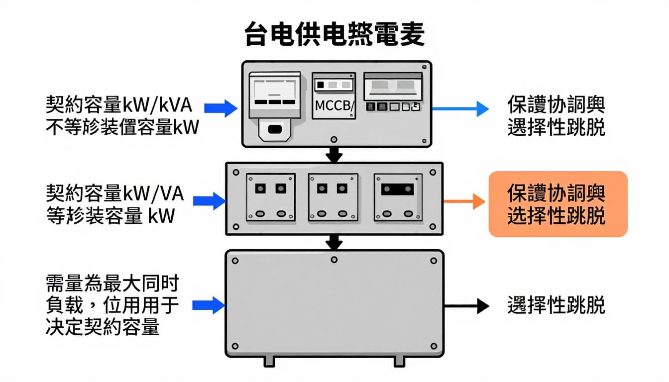 乾淨的工程示意圖，說明工業用電中契約容量（kW/kVA）、需量（最大同時負載）與配電盤容量的關係，分層方塊圖由台電供電、電表、主開關、母排、配電盤至機台，並註解保護協調與選擇性跳脫。適合電氣教學文章，白底黑灰線條配藍橘重點色。