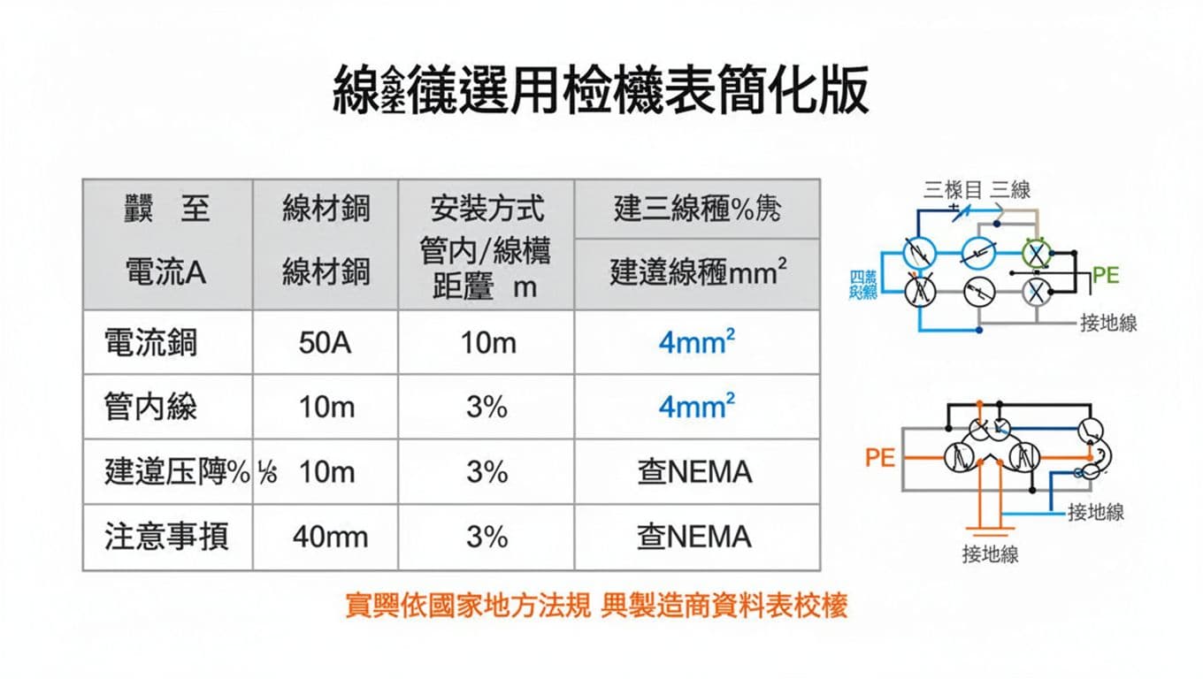 乾淨工程示意圖風格的資訊圖表，提供電流、線材、安裝方式、距離、壓降條件下建議線徑表格，含3-5範例數據、三相三四線示意圖及法規提醒，使用繁體中文標註。