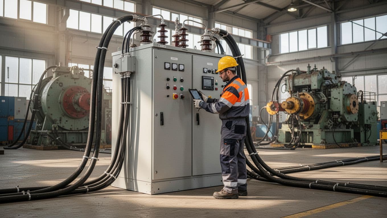 大型工廠電力系統架設 廠房高壓配電規劃重點 A professional technician in safety helmet and gloves inspects a high-voltage distribution box with thick cable wiring inside a spacious industrial factory, featuring gray metal cabinets, large background machinery, and natural daylight illumination in photorealistic high-detail style.