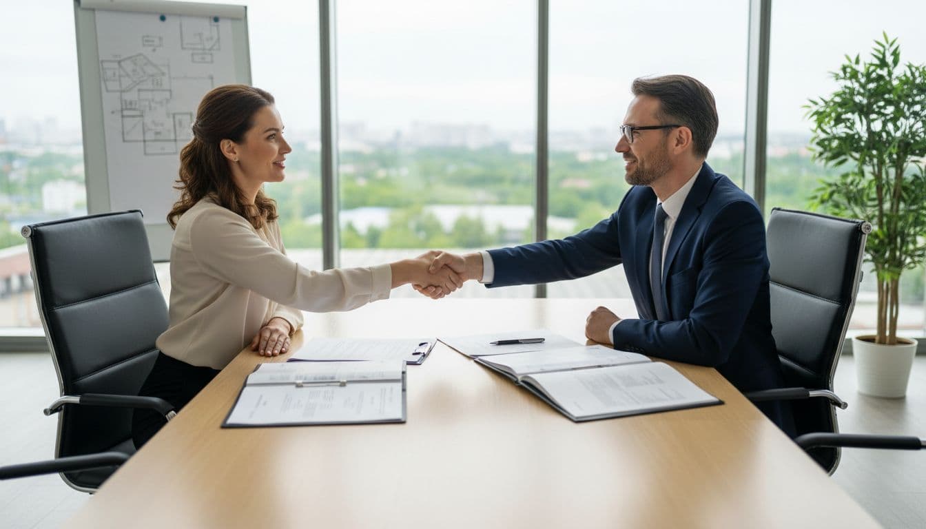 A homeowner and a designer sit at a bright conference table filled with project blueprints and folders. They shake hands warmly, signifying a successful agreement on the renovation project terms.