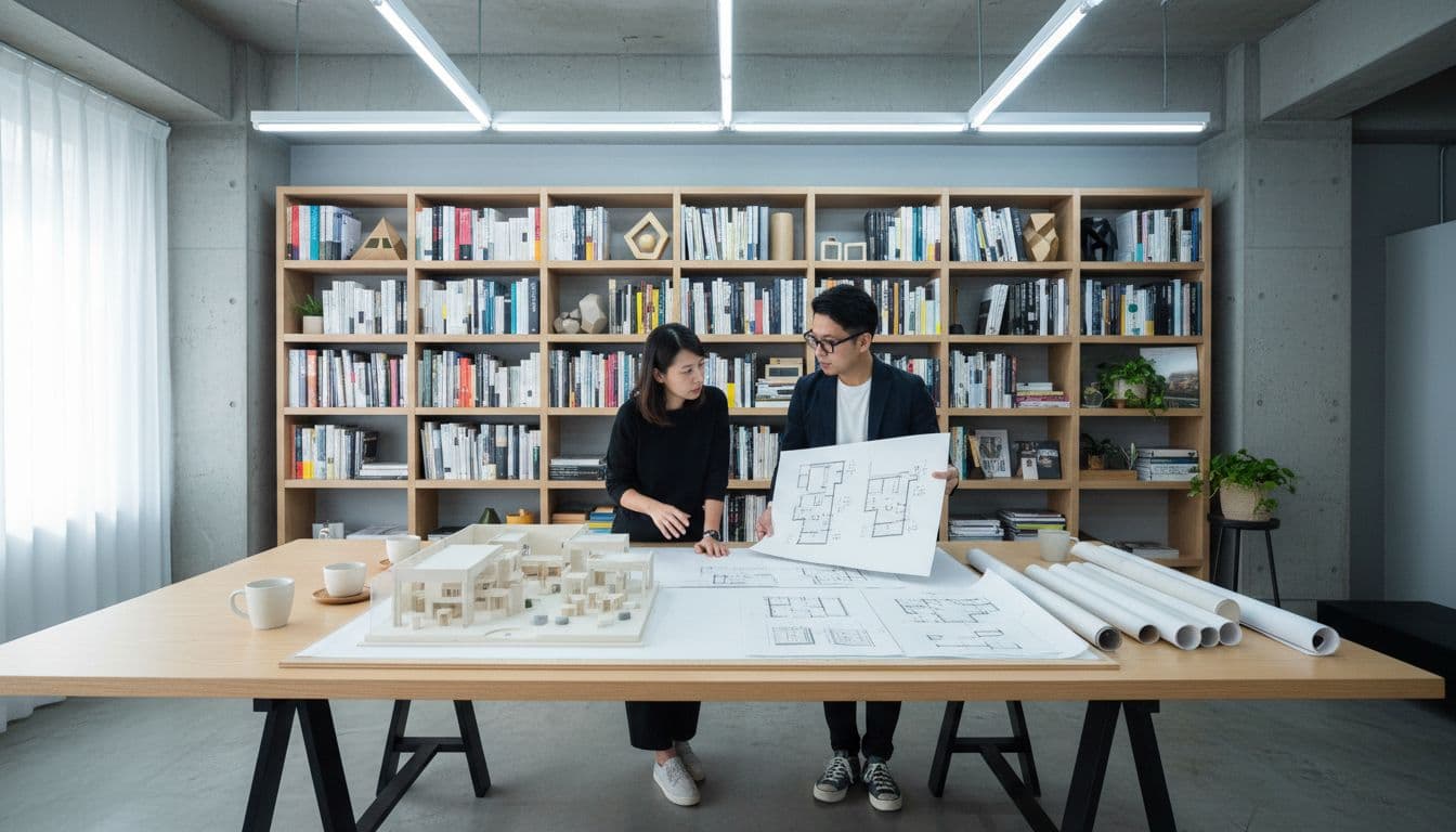 Two Taiwanese interior designers in a bright studio discuss an influencer storefront blueprint around a desk with models, sketches, coffee cups, and bookshelves, capturing a professional teamwork atmosphere in wide composition.