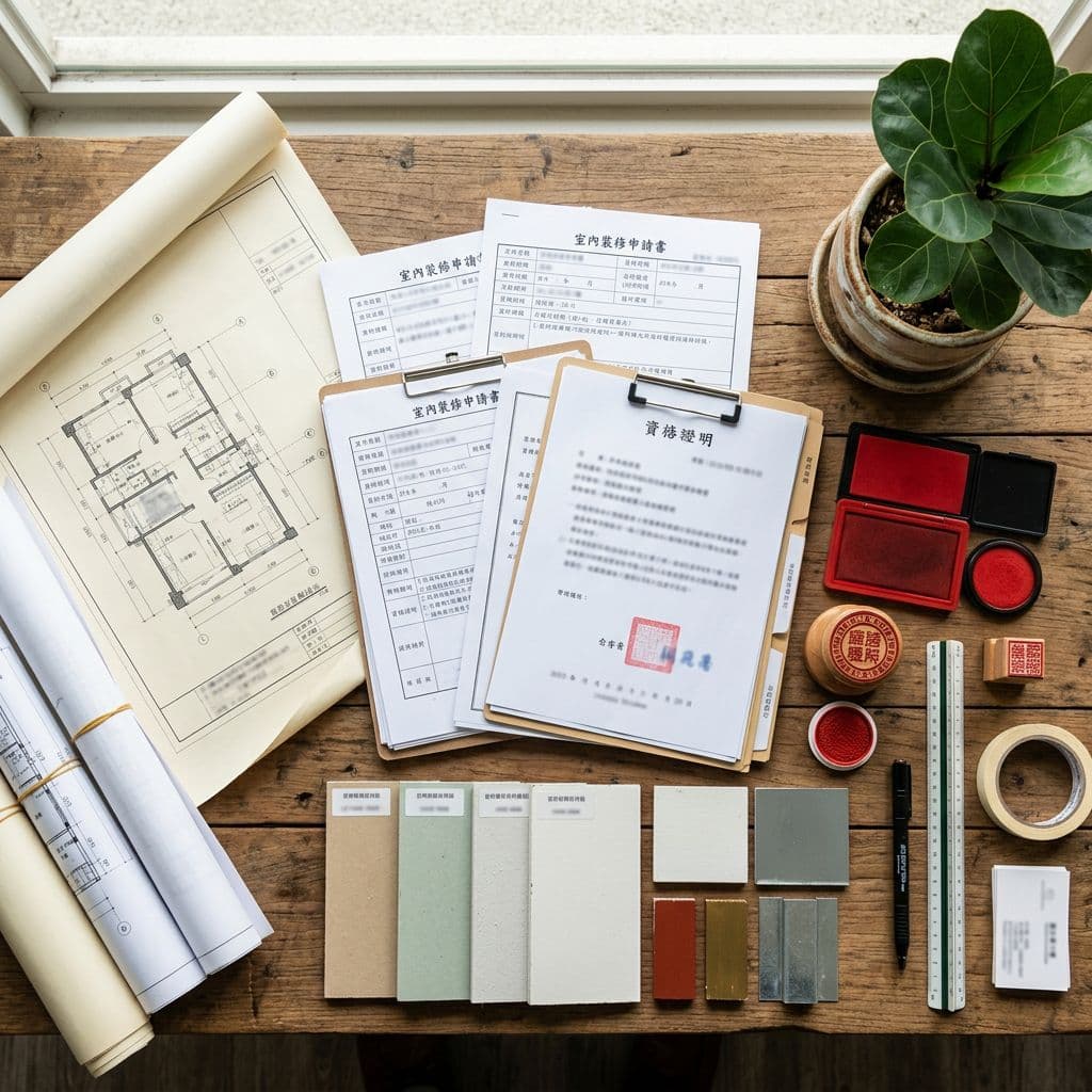Top-down realistic view of a wooden desk with stacked interior renovation files including floor plan scrolls, applications, certificates, fireproof samples, and seals next to a green plant, under bright natural light in a professional setting.