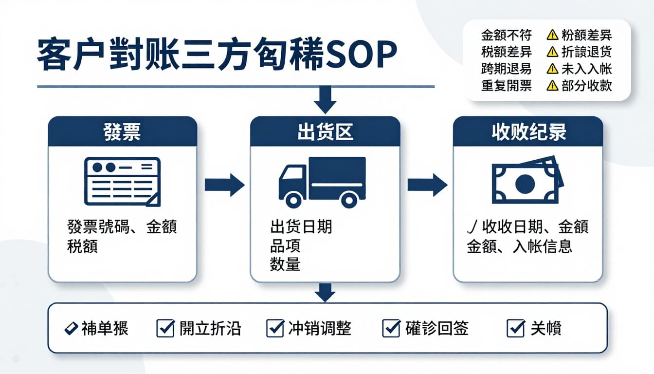 繁體中文呈現的客戶對帳三方勾稽SOP資訊圖表，顯示發票、出貨、收款三方勾稽流程，包含常見差異與處理動作。乾淨商務風格、白底藍灰配色、高解析度適合列印。
