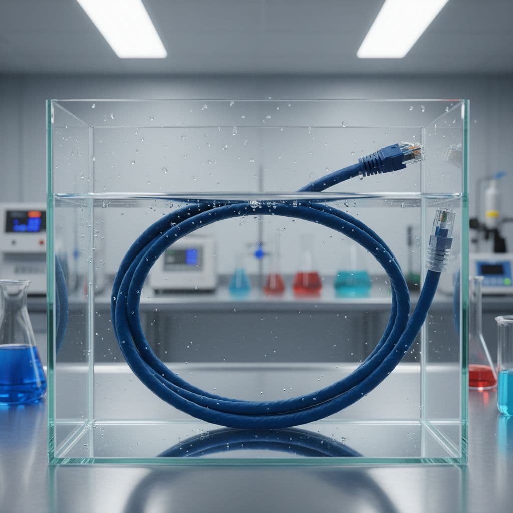 Waterproof network cable fully submerged in transparent water tank, intact in lab setting.