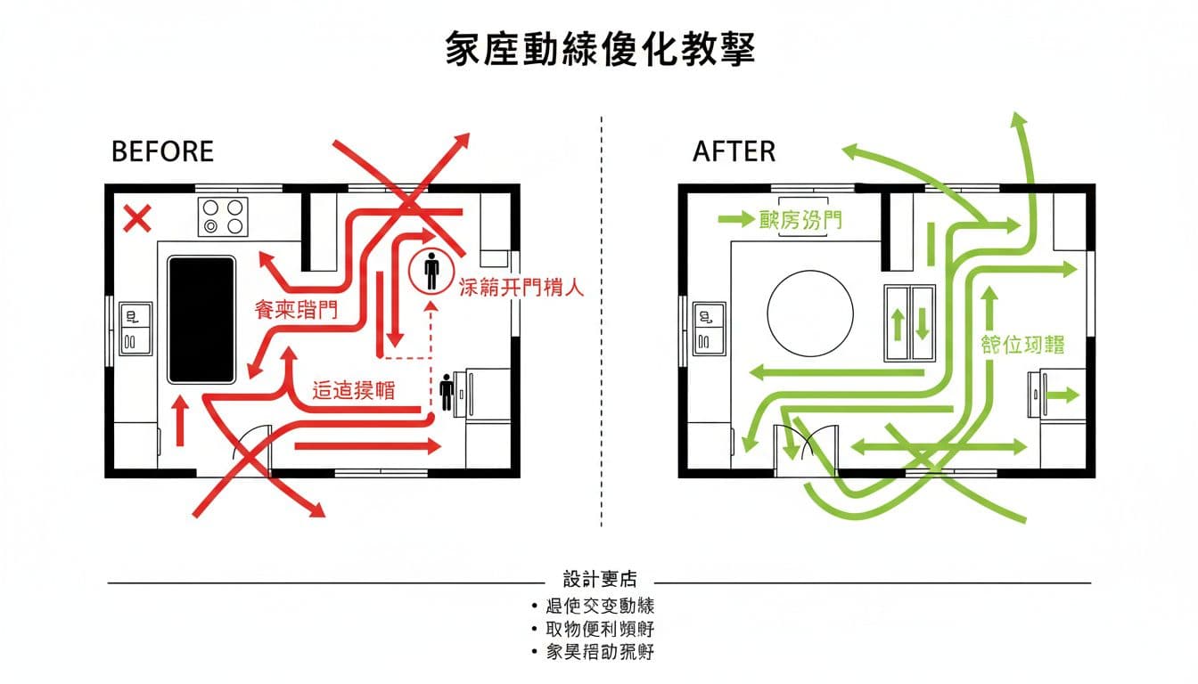 廚房餐廳區動線優化 Before/After 示意圖