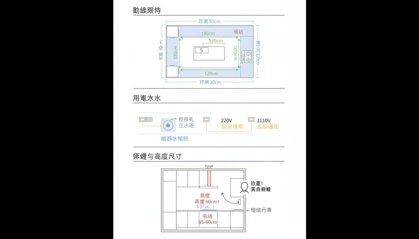 廚房中島規劃三大檢查點示意圖