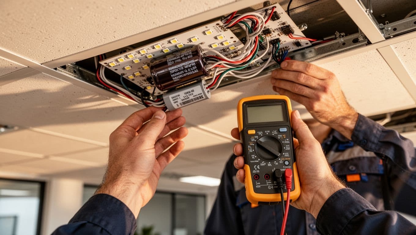 諧波過高怎麼處理,變頻器、UPS、LED 的實務對策 Close-up of LED fixture circuit board with built-in harmonic suppression capacitor during office ceiling installation, technician measuring with multimeter.