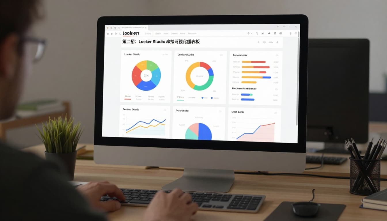 A realistic professional workspace scene featuring a desktop computer screen displaying a Looker Studio dashboard with colorful pie charts and line graphs for website analytics, keyboard and mouse in front, and soft office lighting. No people, exactly one screen, slightly blurred with no readable text or logos.