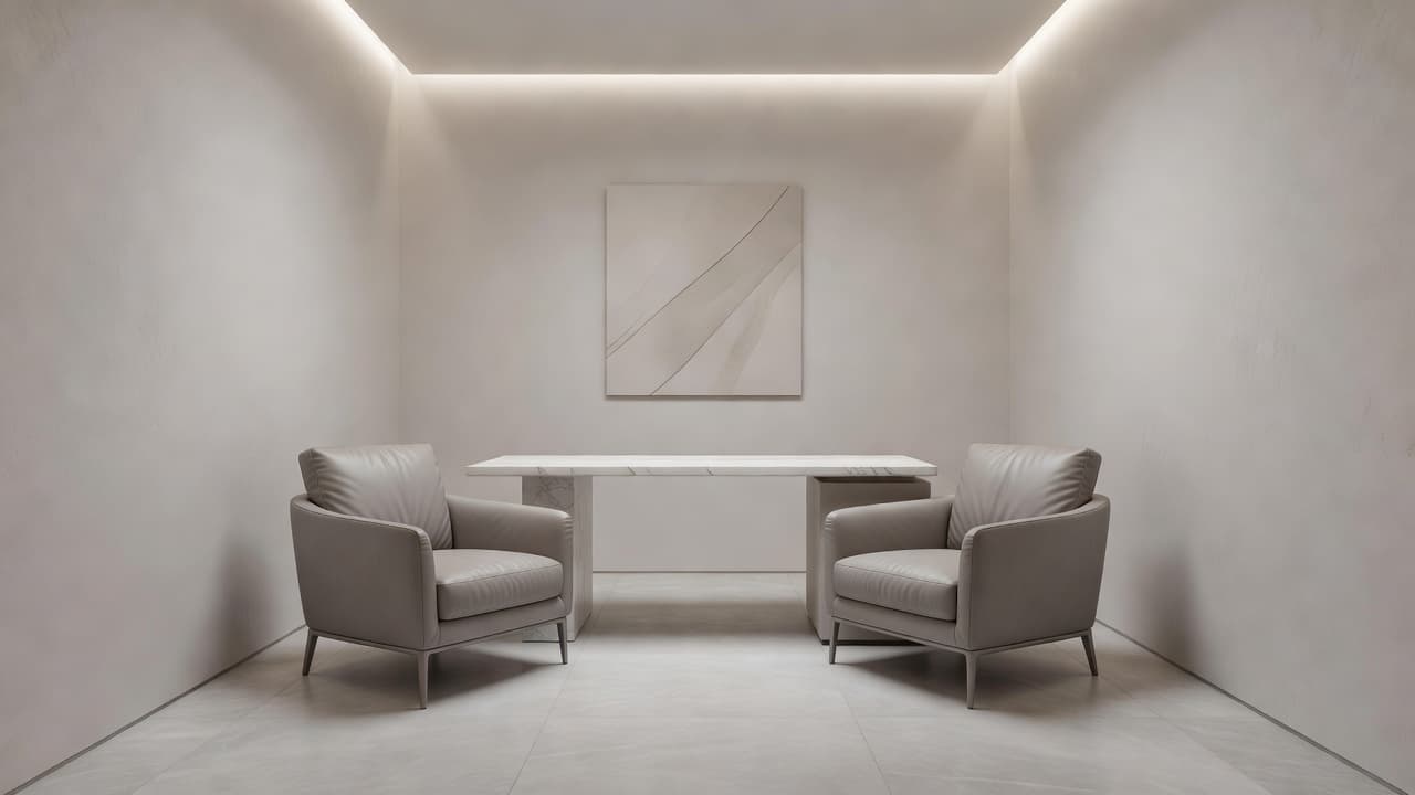 A minimalist consultation space features soft leather chairs arranged around a polished marble table. Diffused wall lighting casts a warm, soothing glow across the neutral-toned interior to create a professional atmosphere.