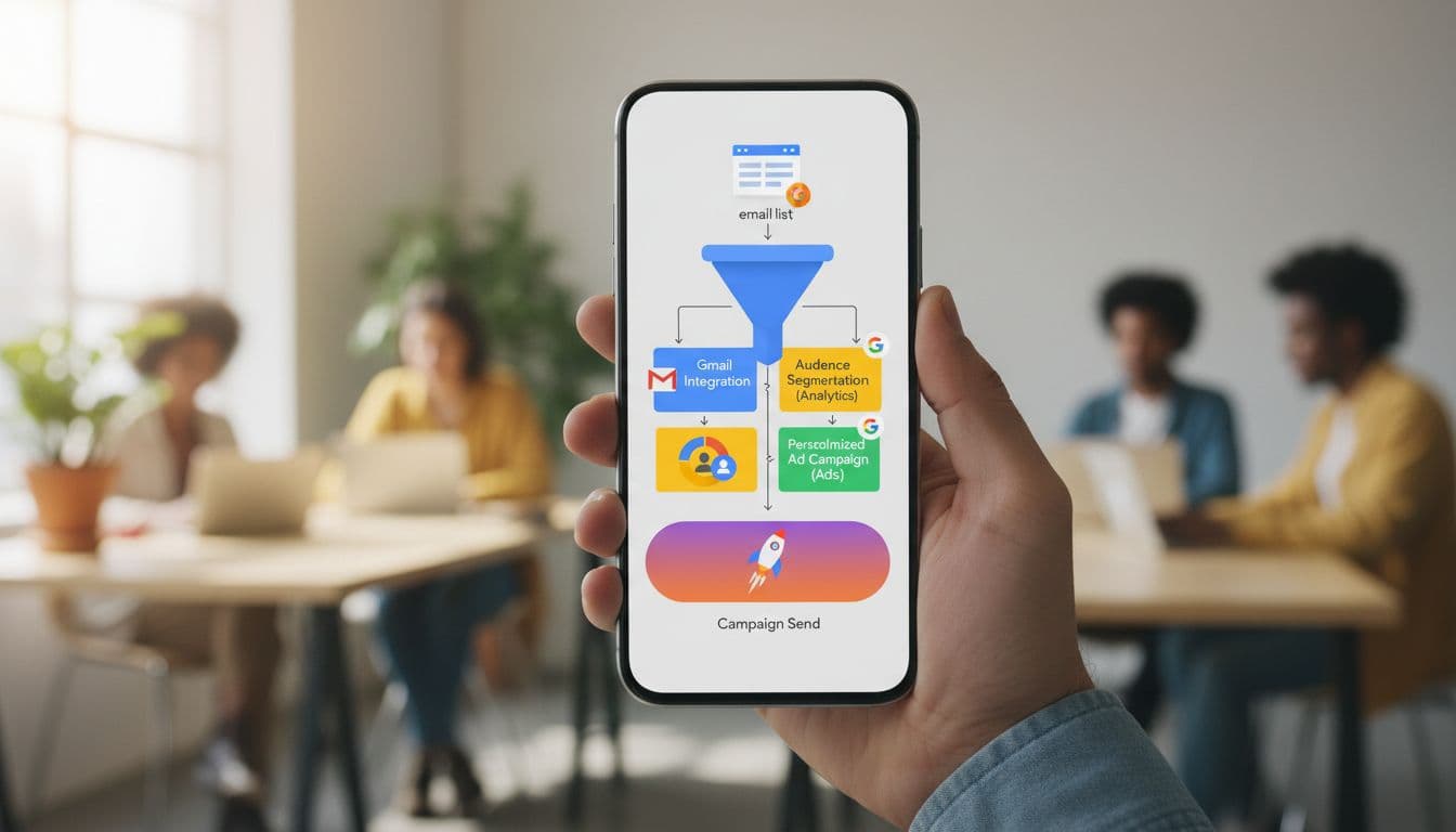 Phone screen showing marketing automation funnel from email list to personalized campaign send using Google tools, held loosely in casual marketing office with vibrant colors, relaxed hand pose.