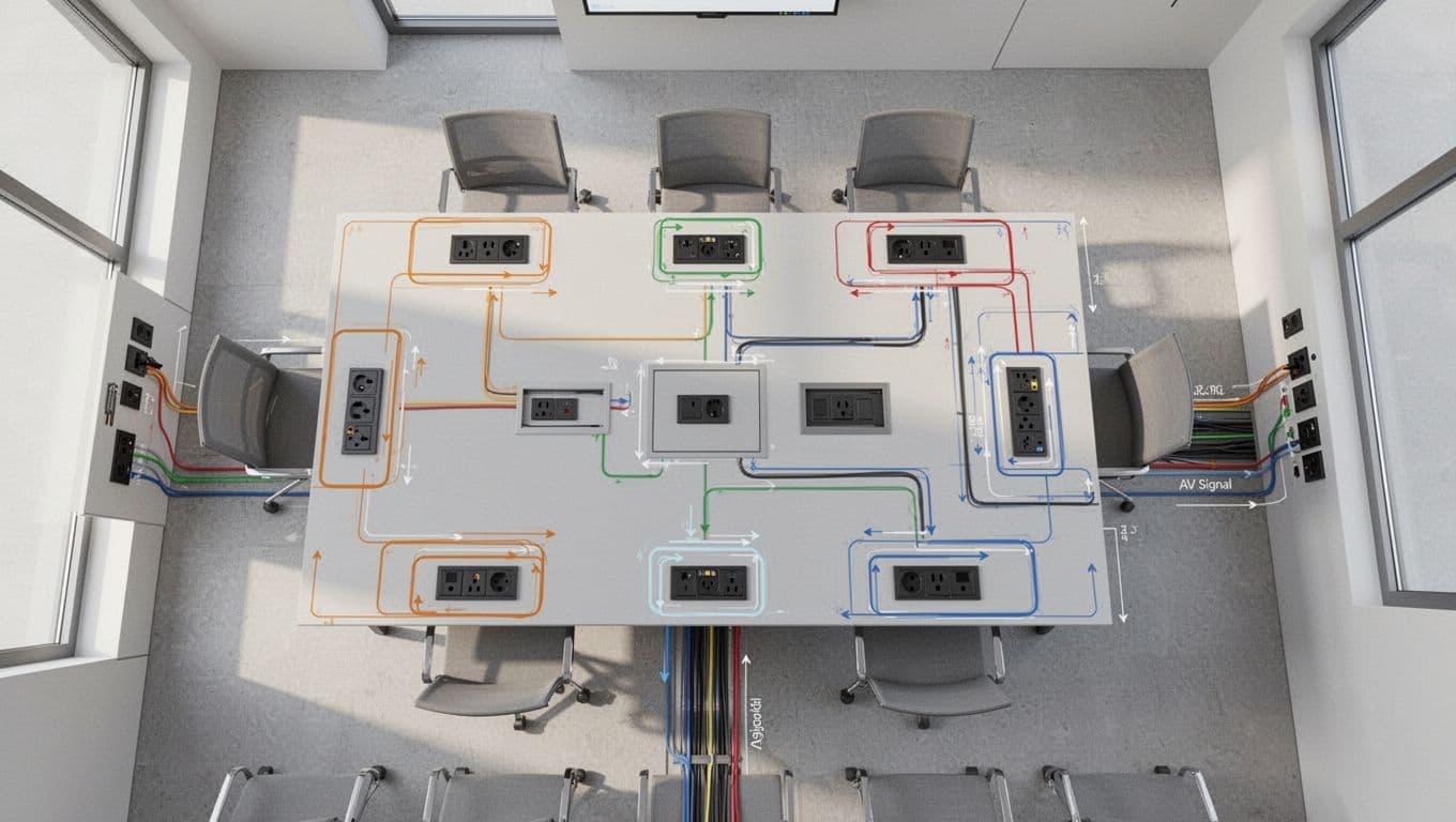 Clean, modern engineering blueprint infographic displaying socket configurations in a meeting room: desktop multi-outlet power sockets, floor raised sockets, wall AV signal sockets, under-table cable trays, and circuit zoning diagram in neutral colors.