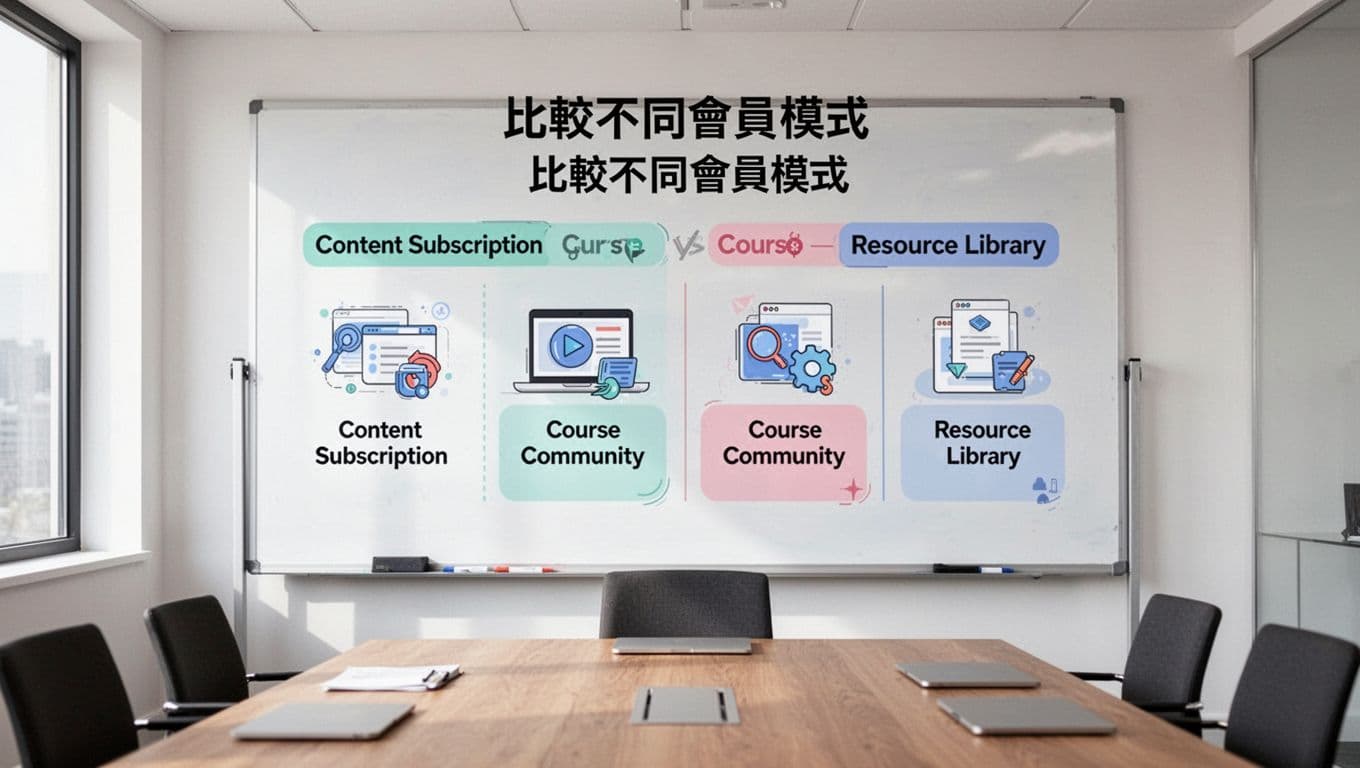 Simple infographic-style chart on a centered whiteboard in a meeting room comparing membership models like content subscription, course community, and resource library. Clean vector illustration with natural daylight, no readable text or people.