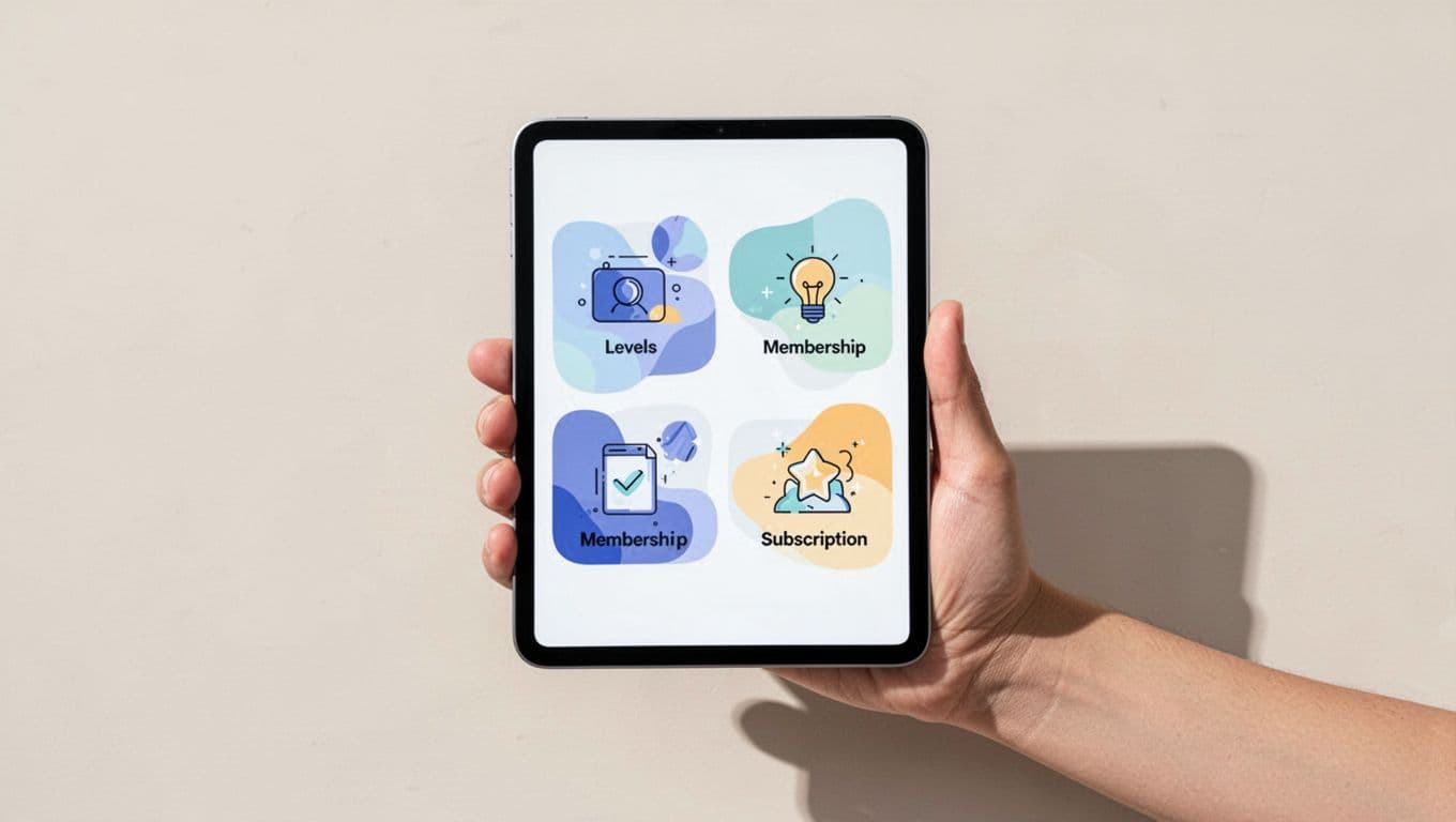 Comparison chart of membership versus subscription plans displayed on a digital tablet screen with abstract icons for access levels and payments, in modern flat design, held loosely by one hand on a neutral background.