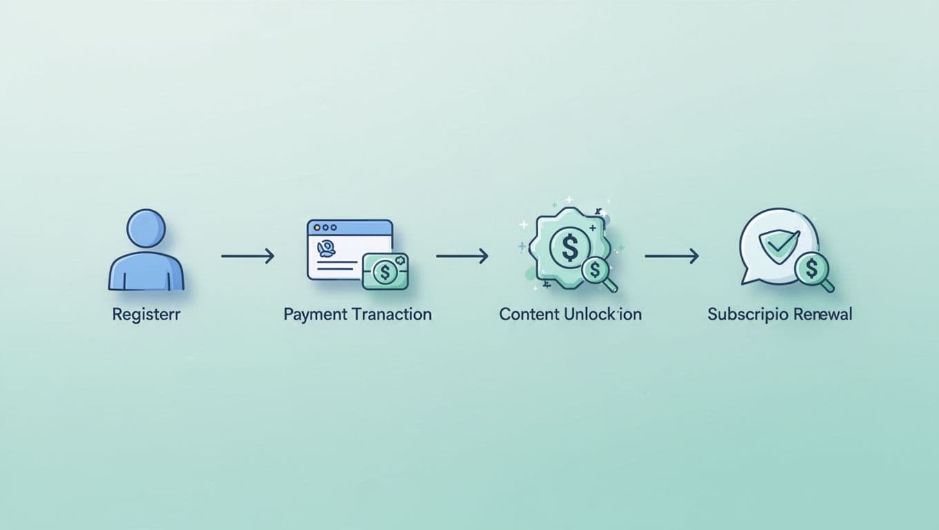 Clean vector-style flowchart illustrating membership website operations: visitor registration to payment, content unlock, and renewal, connected by arrows in blue-green tones.