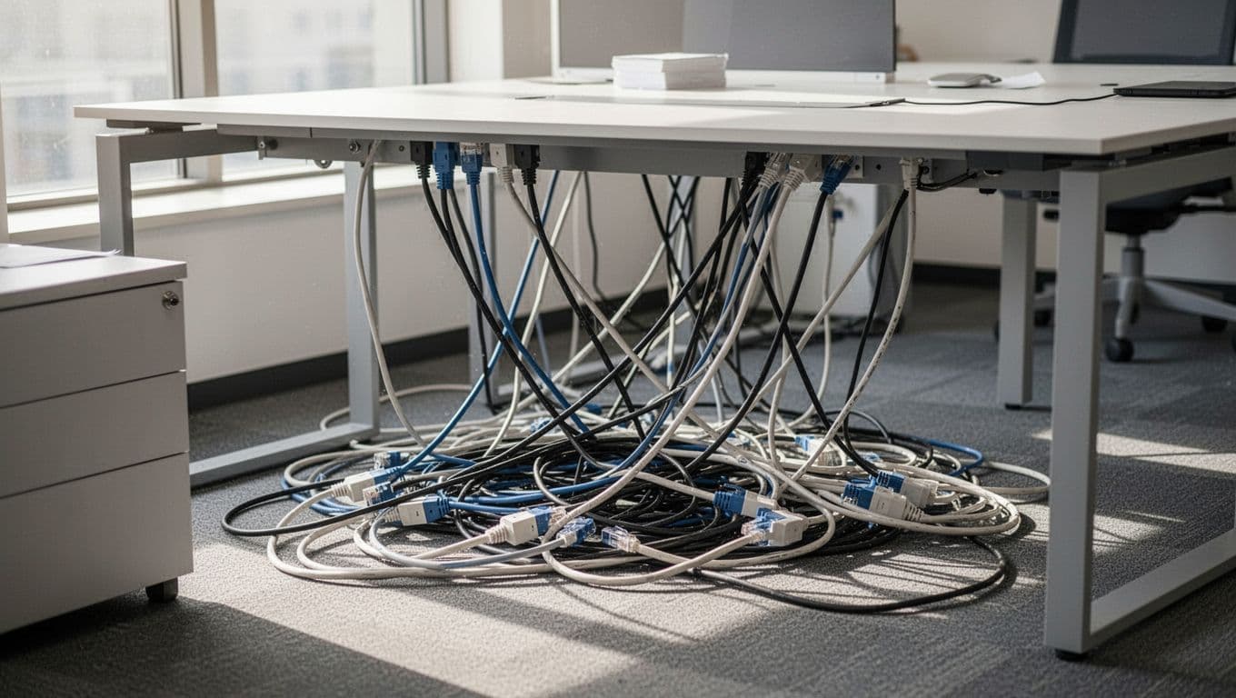 辦公室插座不足與網路線凌亂,怎麼一次整理好? Tangled ethernet cables and power cords clutter under an office desk.
