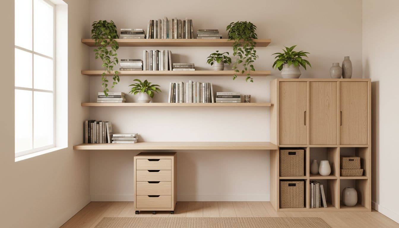 Wall-mounted shelves display books and plants above a desk with under-desk drawers and multi-functional light wood cabinet.