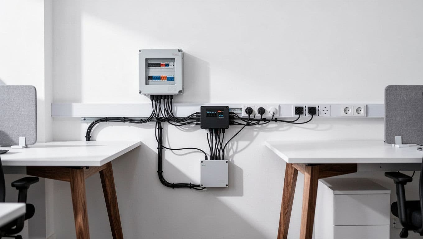 桌下線材收納做對了,辦公室配電才能好看又安全 Realistic engineering view of a modern minimalist office featuring hidden switch boxes, under-desk power modules, and cable management troughs organizing wires and sockets along white walls and wooden desk legs under soft lighting, clean and organized with no text or people.