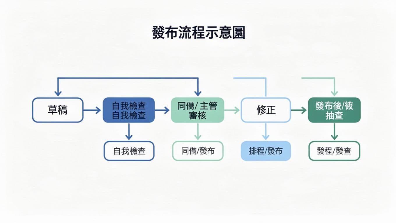 發布流程示意圖，從草稿到發布後抽查的節點與箭頭流程圖，扁平化極簡白底藍綠色系。