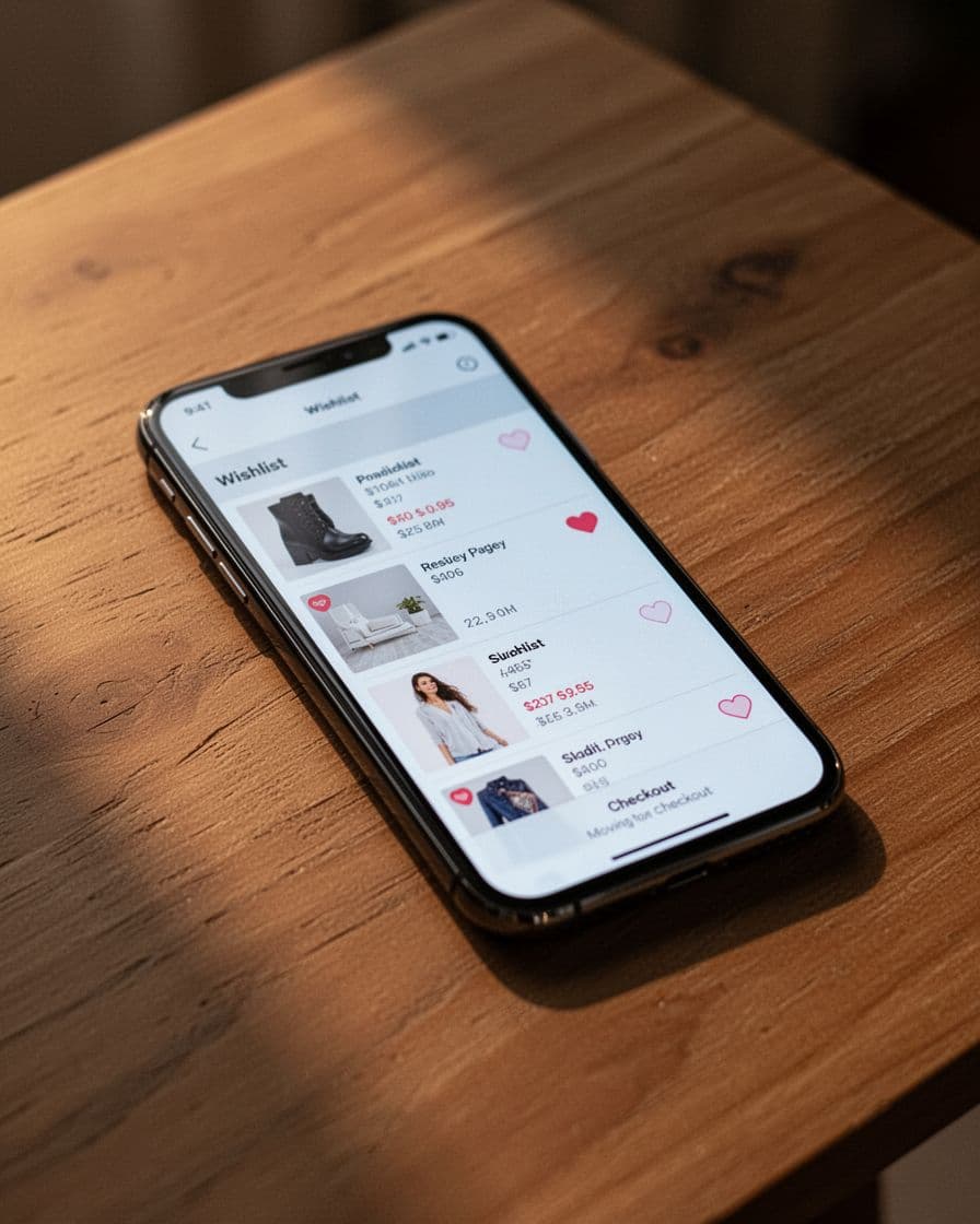 Wishlist page on a mobile phone screen in an e-commerce site, featuring heart icons on products and a clean layout transitioning to checkout, held naturally on a wooden table with soft evening light.
