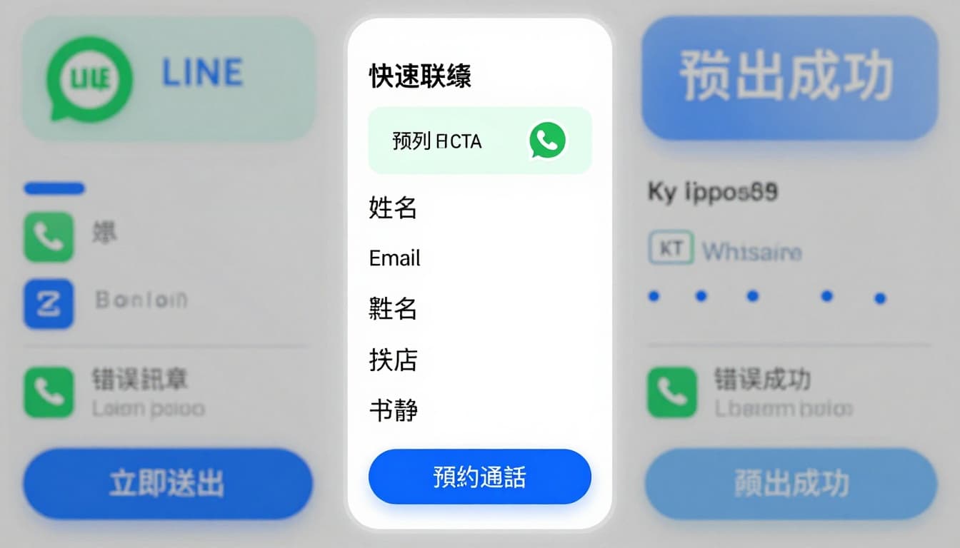 Clean wireframe of a SaaS mobile contact us page in portrait orientation for Traditional Chinese marketing, featuring segmented form fields like name and email, top quick contact buttons (LINE, WhatsApp), fixed bottom CTA, error/success states, blue-green accents on white background.