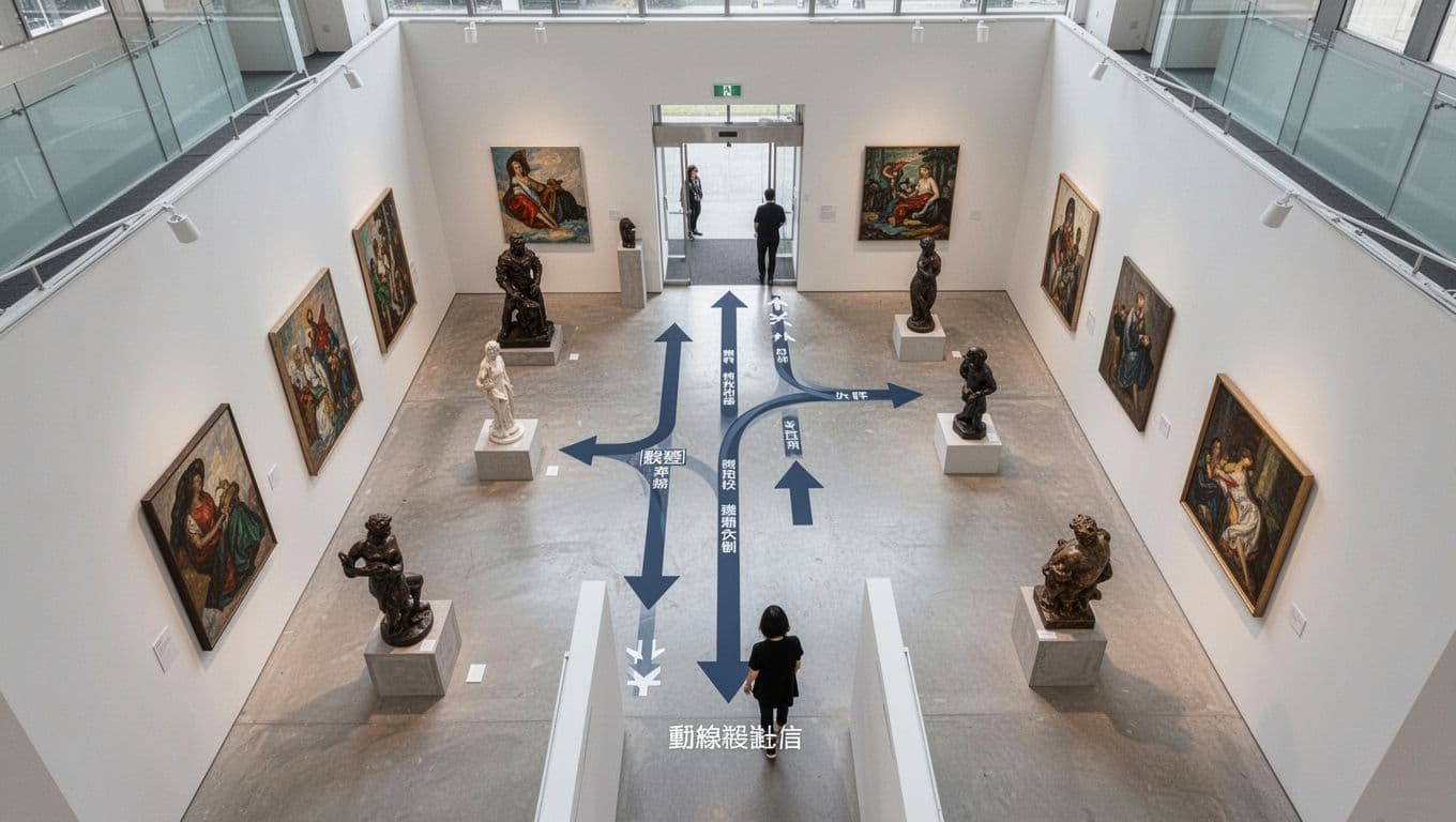 Bird's eye view of a minimalist art gallery depicting smooth visitor flow lines guiding through sculptures and paintings on walls, open layout with light tones and bright lighting, implied arrow paths without text or people.