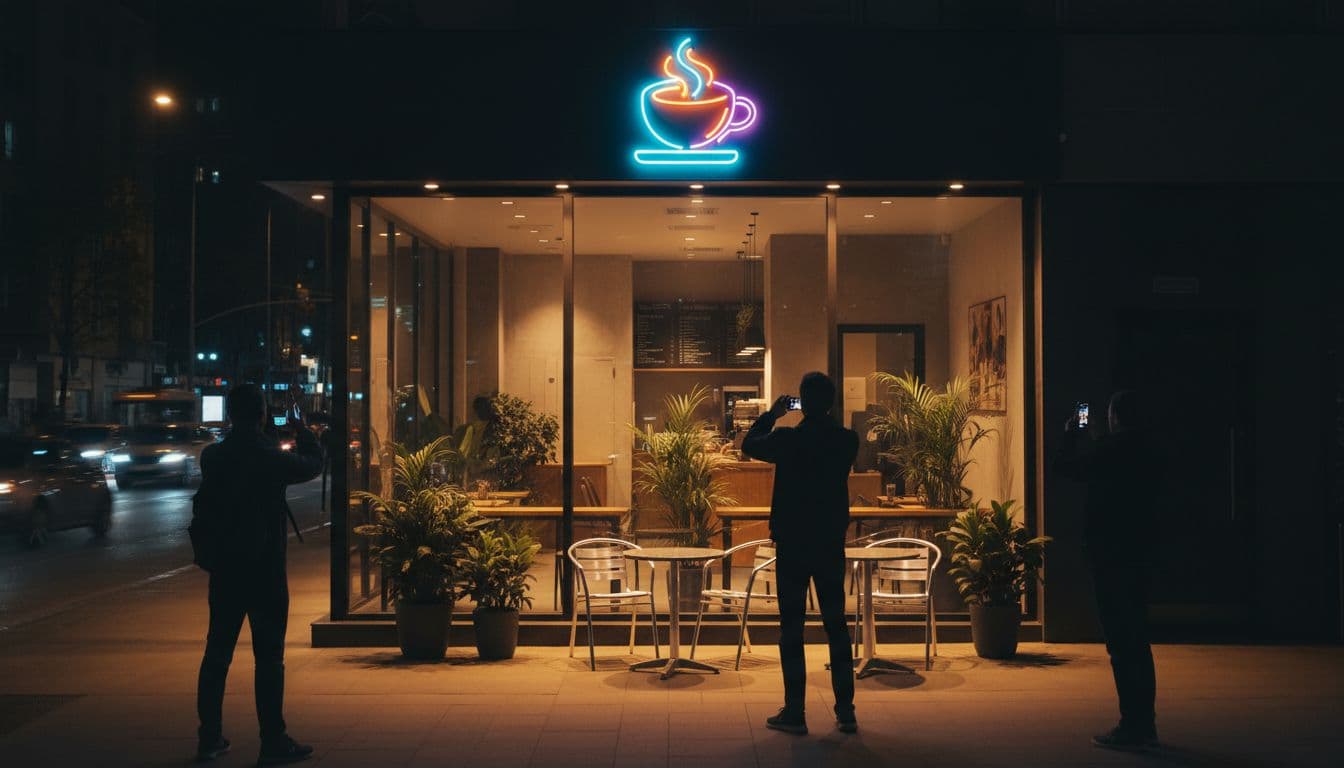 A modern coffee shop storefront on a bustling street features large glass windows, neon signage, warm night lighting, outdoor plants, and tables attracting pedestrians to stop and photograph.