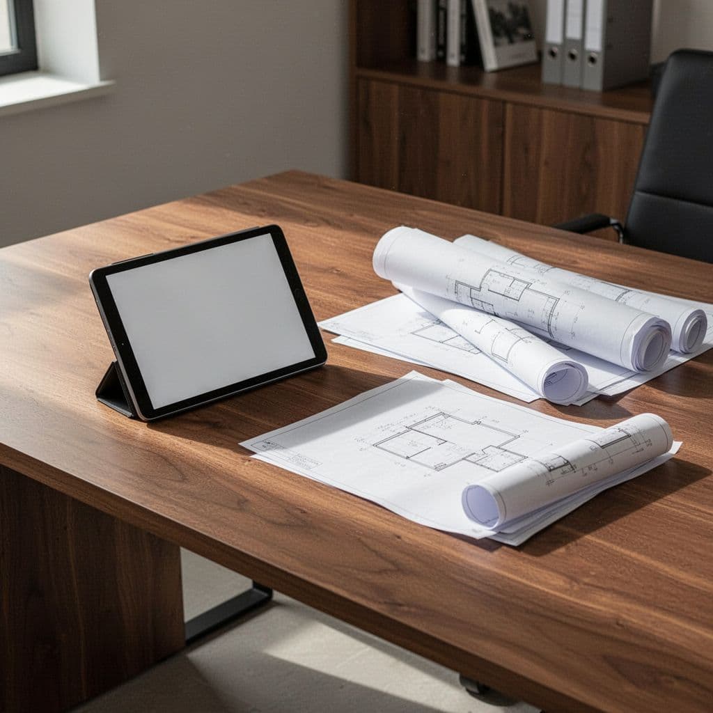 Clean wooden desk in bright minimalistic home interior holds architectural blueprints and tablet.