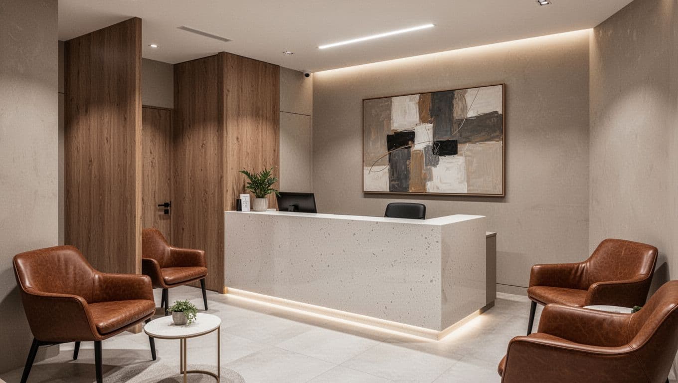 Sleek professional medical beauty clinic reception desk and waiting lounge in modern minimalist style with low-saturation beige-gray tones, soft LED indirect lighting, clean quartz stone counter, custom leather chairs, wooden partitions, and abstract art wall for a trusting, high-end atmosphere.