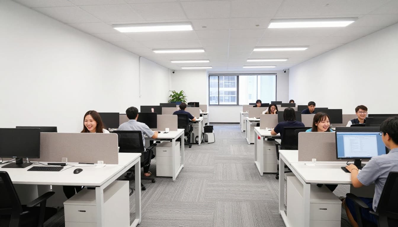 辦公室老屋翻新怎麼做:從電線更新到格局重整把坪效拉回來 Clean open layout office space post-rewiring with organized desks, LED lights, cable conduits, two happy employees at computers, bright natural light, minimalist style, wide entrance view.
