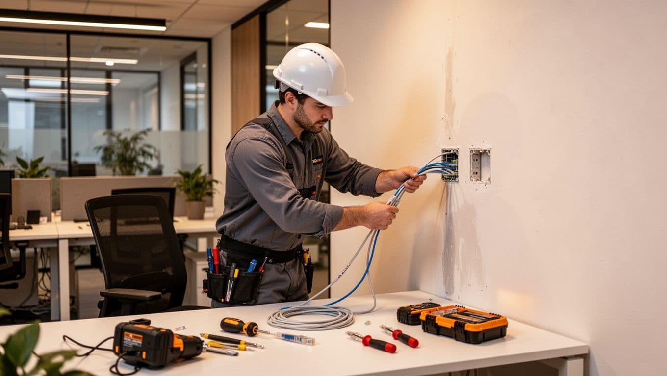 A technician wearing a safety helmet carefully pulls Cat6A network cable through the wall in a clean, modern office environment, showcasing safe and professional wiring practices with complete tools and warm lighting.