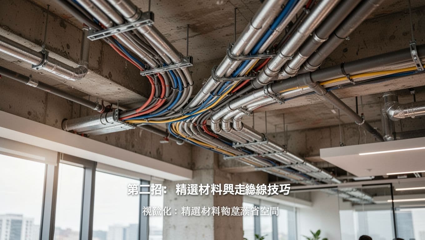 小預算也能做好辦公室輕水電:3 招省錢又安全的實務做法 Close-up of efficient electrical wiring and plumbing pipes neatly routed through office ceiling conduits in modern industrial style with soft natural light.