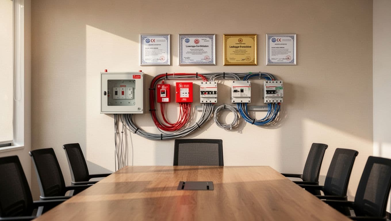 Schematic of a modern office meeting room emphasizing safety features like switch box positions, fire and weak current equipment, leakage protectors, neat cable routing, wall certification labels, and orderly desk connections in bright neutral tones with professional engineering aesthetic.