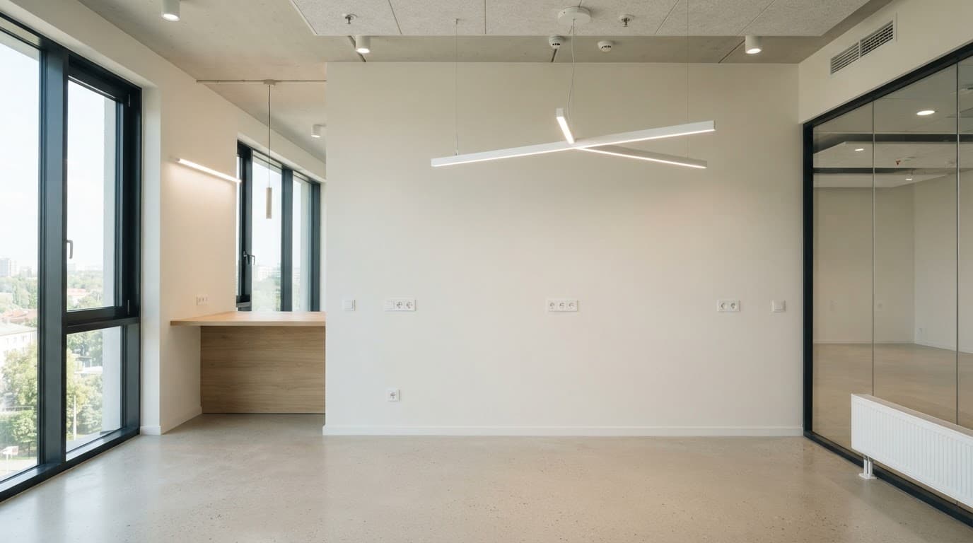 辦公室水電工程費用怎麼抓?從報價、流程到驗收一次看懂 現代辦公室安裝了照明燈具與電源插座的乾淨牆面。