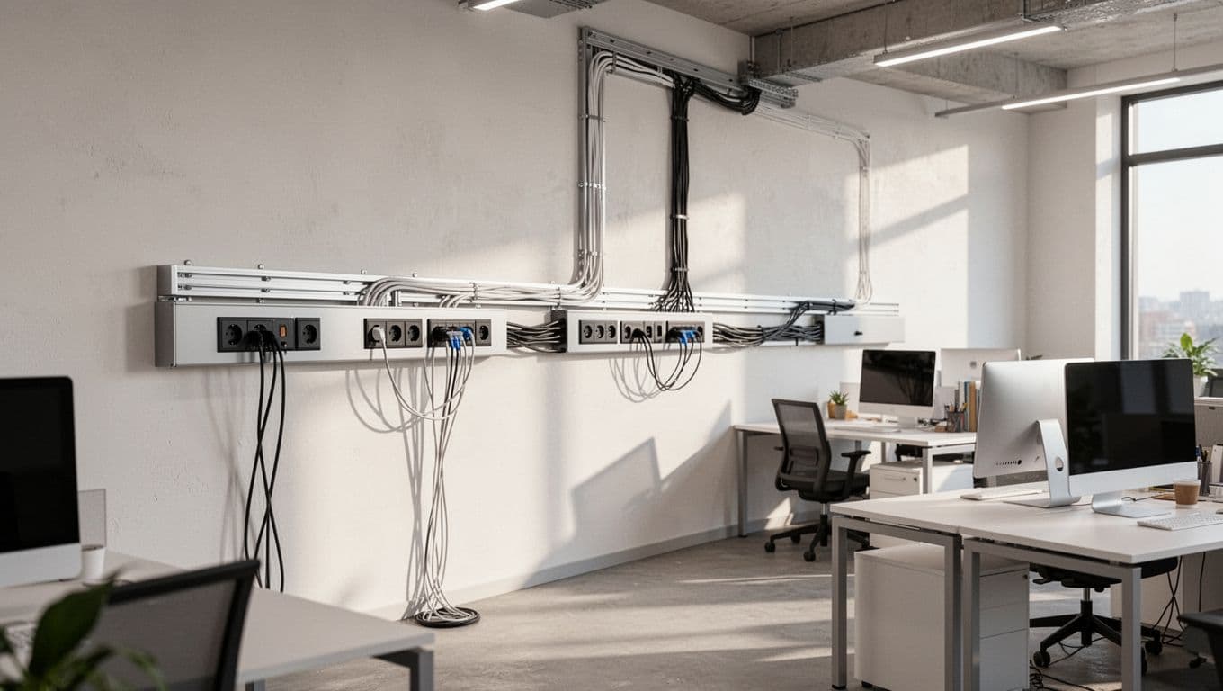 辦公室插座不足與網路線凌亂,怎麼一次整理好? Modern office with flush wall-mounted power outlets, organized cable trays hiding network wires, and neat desks with computers.