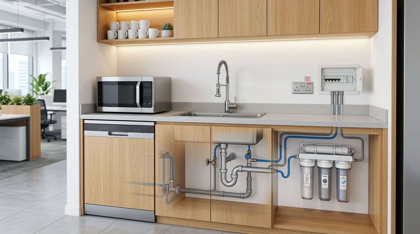 Realistic professional rendering of a modern office tea room featuring countertop microwave, built-in dishwasher, under-sink water purifier, single sink, wall outlets with GFCI labels, simplified electrical panel, and semi-transparent plumbing pipes in bright neutral tones.