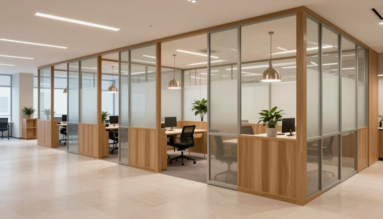 Sophisticated commercial office space with clever partitions using frosted glass and wooden screens to divide open areas into private zones, featuring layered lighting, modern furniture, and a neutral palette with metallic accents.