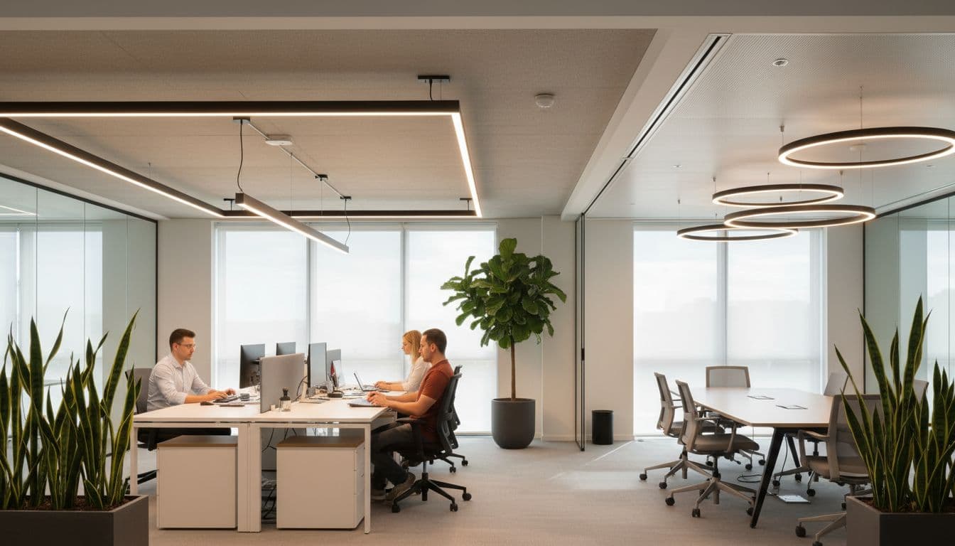 Realistic scene of a modern office with smart LED fixtures on ceiling tracks providing human-centric zoned lighting: soft natural light at work desks and uniform illumination in meeting areas, two employees focused with relaxed hands, green plants, glare-free warm white light mixed with natural light.