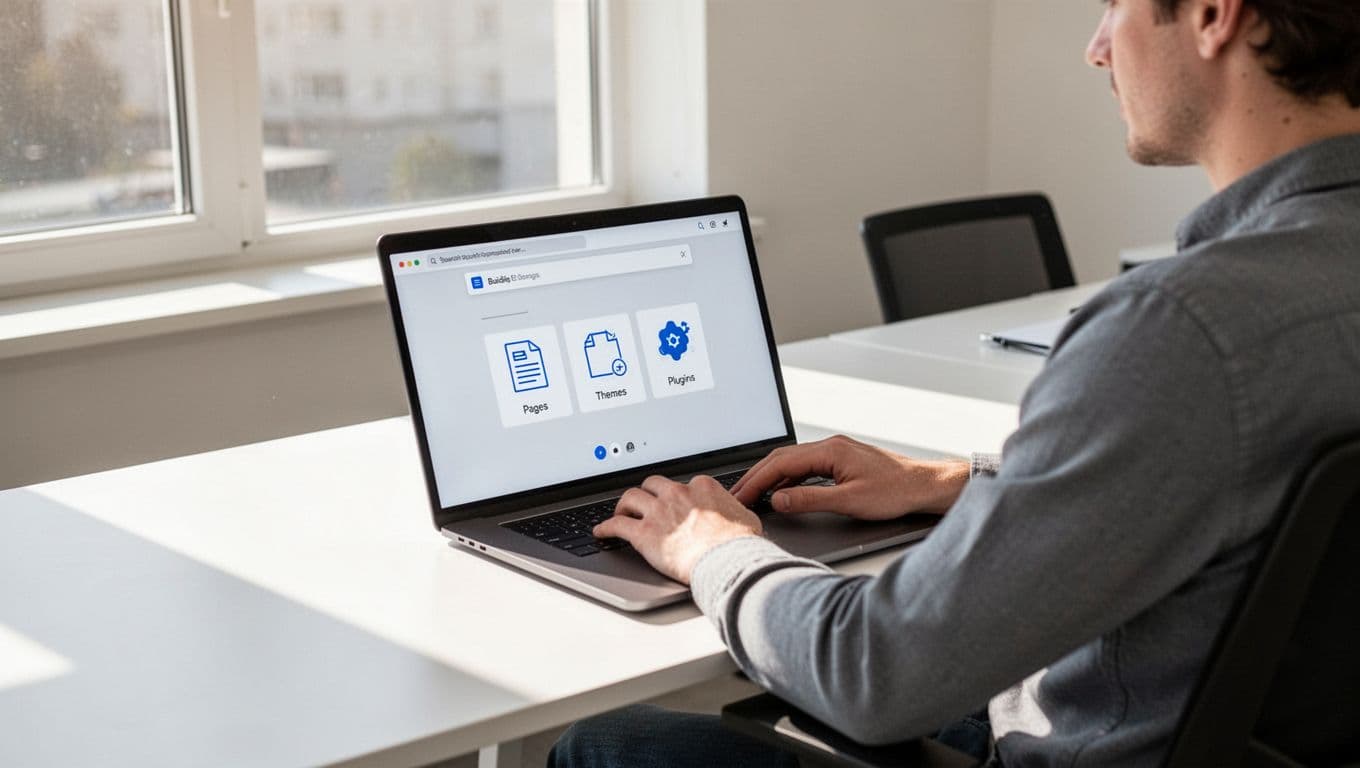 A person relaxed at a modern office desk with a laptop open to the simple WordPress dashboard, showcasing easy website building blocks like pages, themes, and plugins in a bright, minimalist setting.