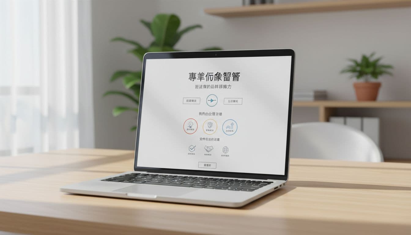 Clean modern professional website homepage design featuring hero section, value propositions, trust badges, and contact button, displayed on a laptop screen on a bright office desk. Realistic style with natural light, no people or extra objects.