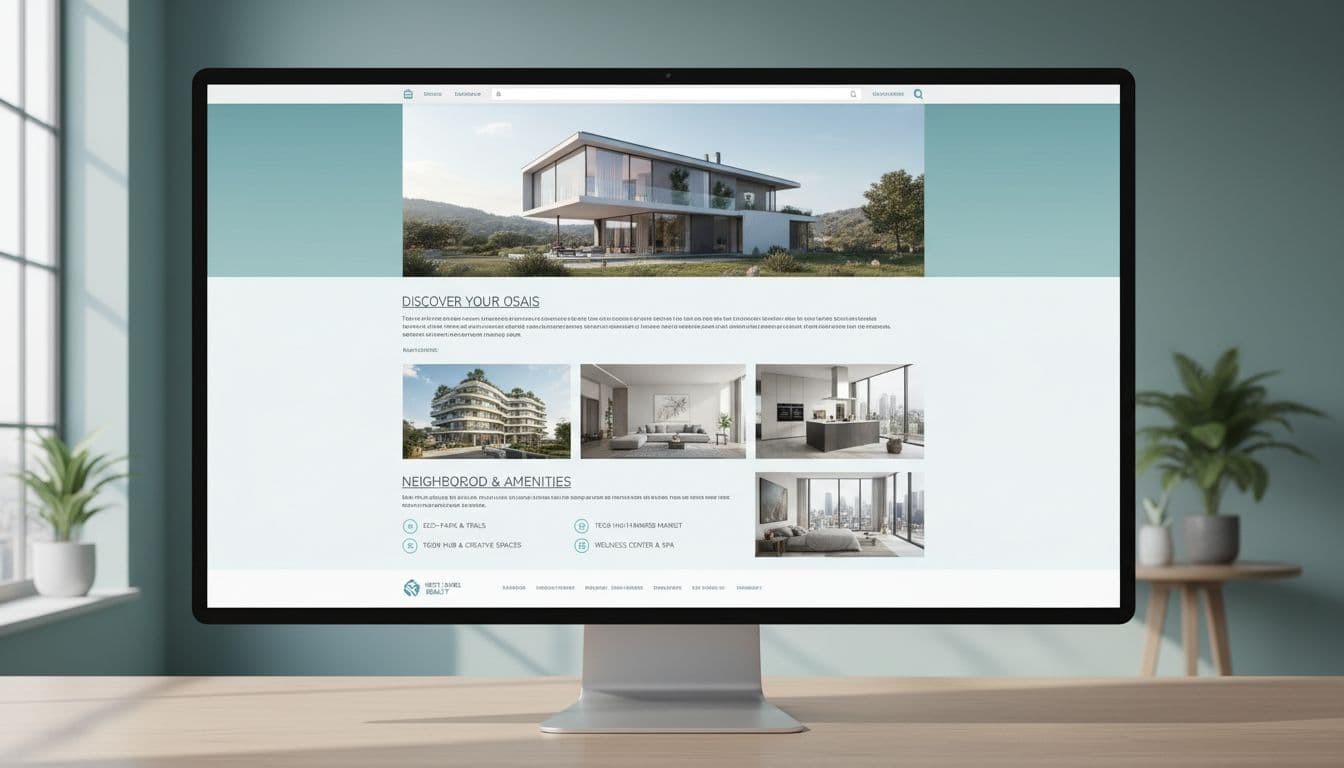 Screenshot of a clean, professional WordPress-style real estate website page displaying AI-generated house introduction content, including building exterior, interior photos, and surrounding facilities. Blue-green tones with natural light, no readable text, focusing on environment and device.