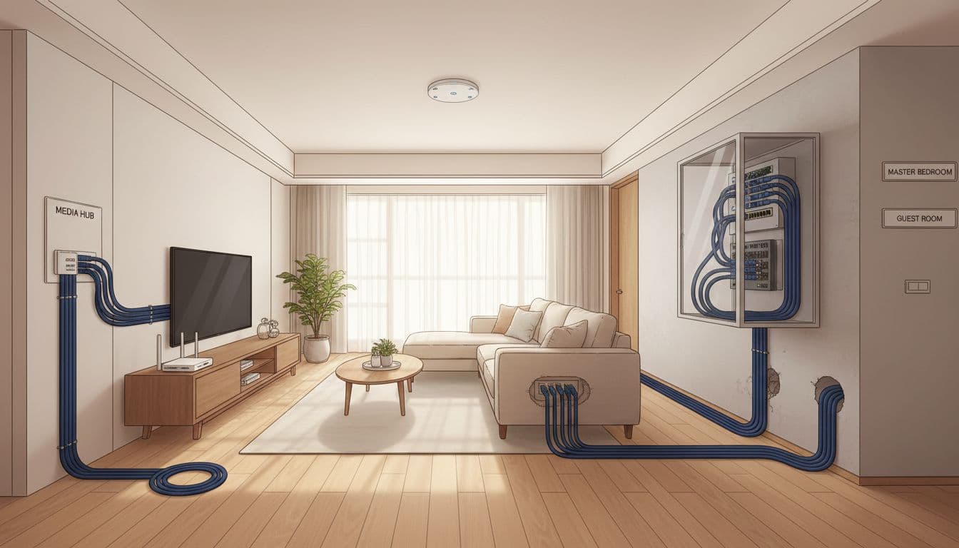 Realistic illustration of a modern Taiwan residential network setup, showing router position, ceiling WiFi AP, Cat7 Ethernet cables through walls to room panels, PoE switch in cabinet, and hidden outlets in living room sofa area. Warm home environment with natural light, high detail, one room only, no people or text.