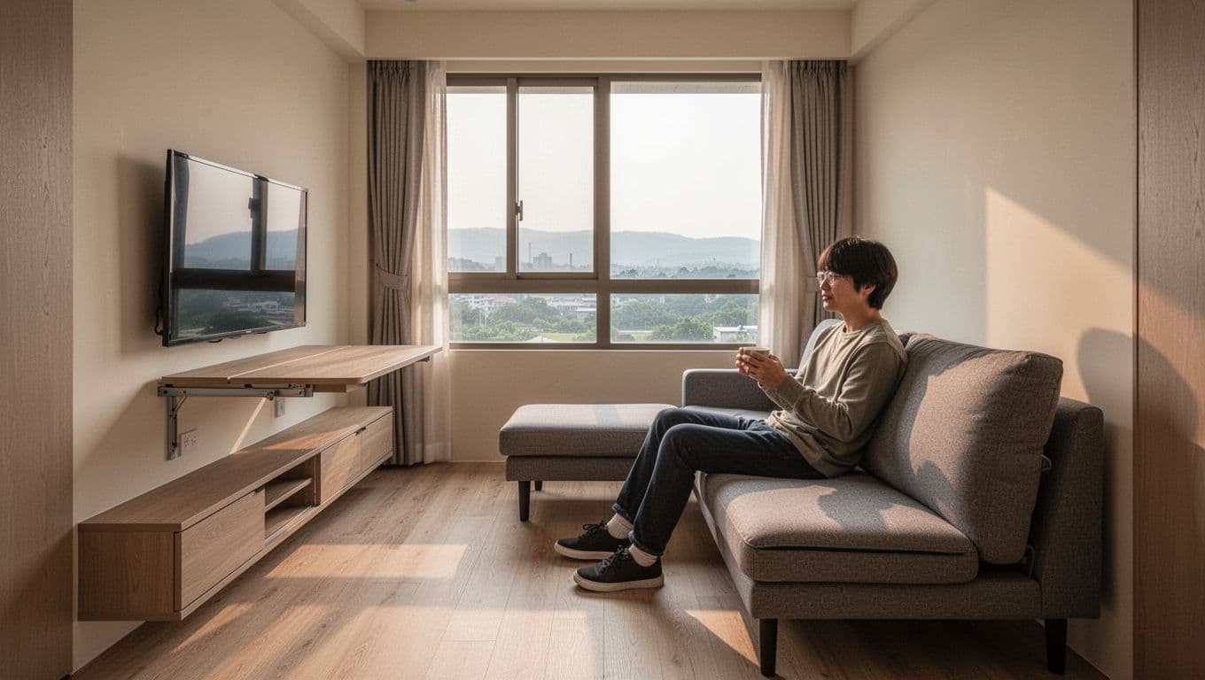 Cozy modern Taiwanese 10-ping living room featuring wall-mounted foldable table, convertible sofa bed, slim TV cabinet with hidden storage, light wood floors, large window, and neutral palette. Exactly one person sits naturally on the sofa holding a cup, evoking a spacious feel with warm daylight.