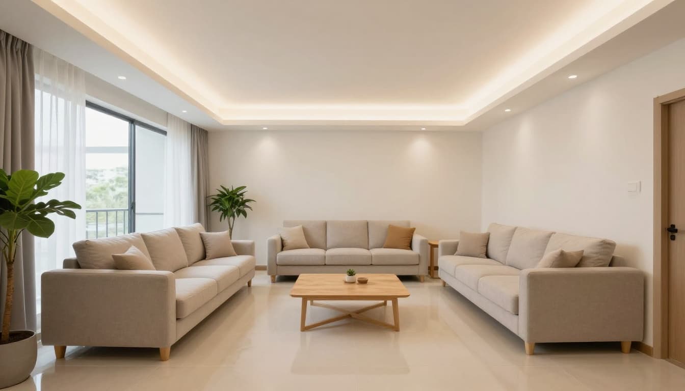 A warm, spacious modern Taiwanese living room post-renovation, featuring a sofa, plants, and soft lighting for a bright, inviting empty space. Realistic home photography style emphasizing clean lines and natural materials.