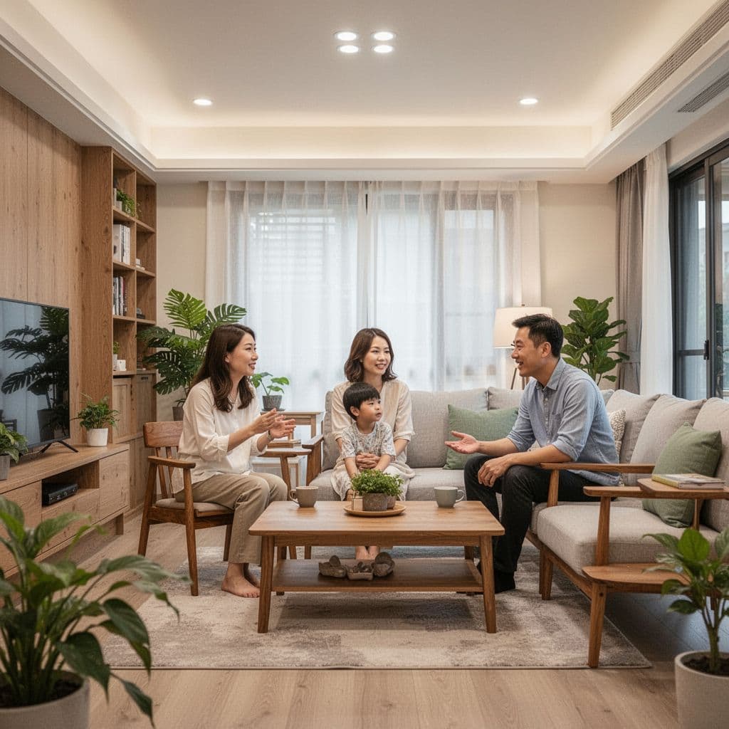 Clean and bright Taiwanese new home living room with wooden furniture, green plants, and warm lighting. A family of three—mom, dad, and child—chats relaxedly in cozy poses.