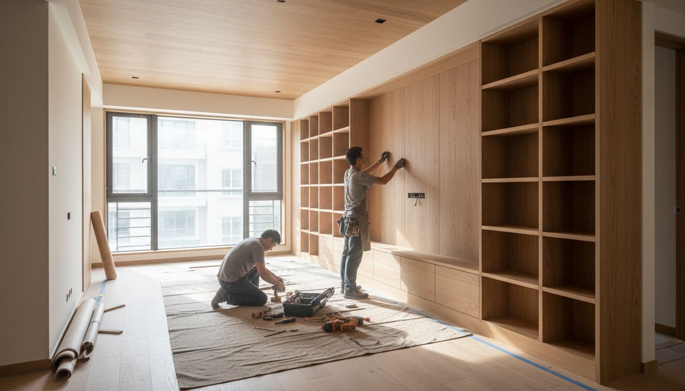 Modern Taiwanese living room during woodwork phase of home renovation, with a carpenter installing custom cabinets and shelves, tools nearby, clean wood tones, natural light, protected floors.
