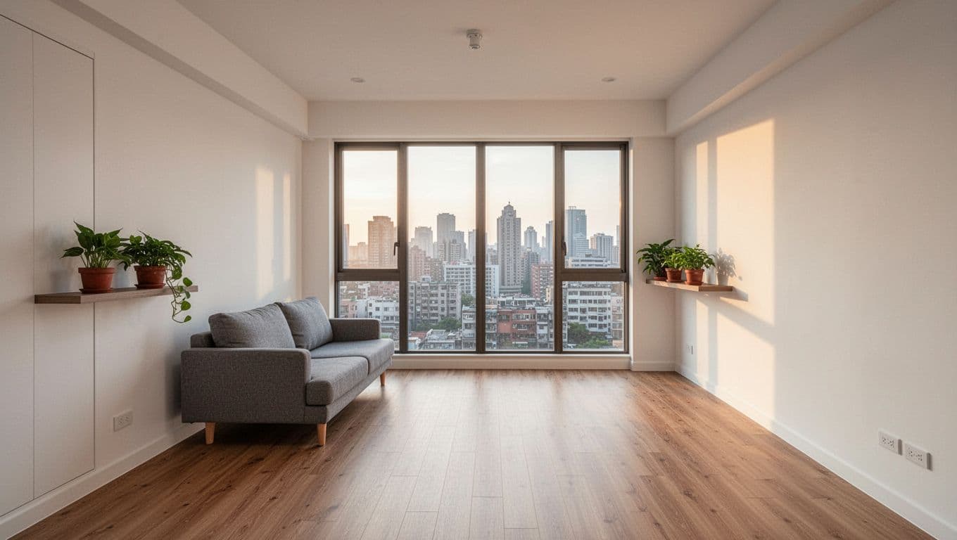 Bright apartment living room with white walls, wooden flooring, gray sofa, potted plants on shelf, and large city-view window.