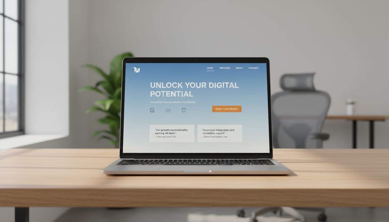 A clean, modern brand website homepage on a laptop screen featuring hero section, trust signals like client logos and testimonials, navigation, and CTA button. Laptop centered on a wooden desk in a bright office with natural daylight, professional realistic style.