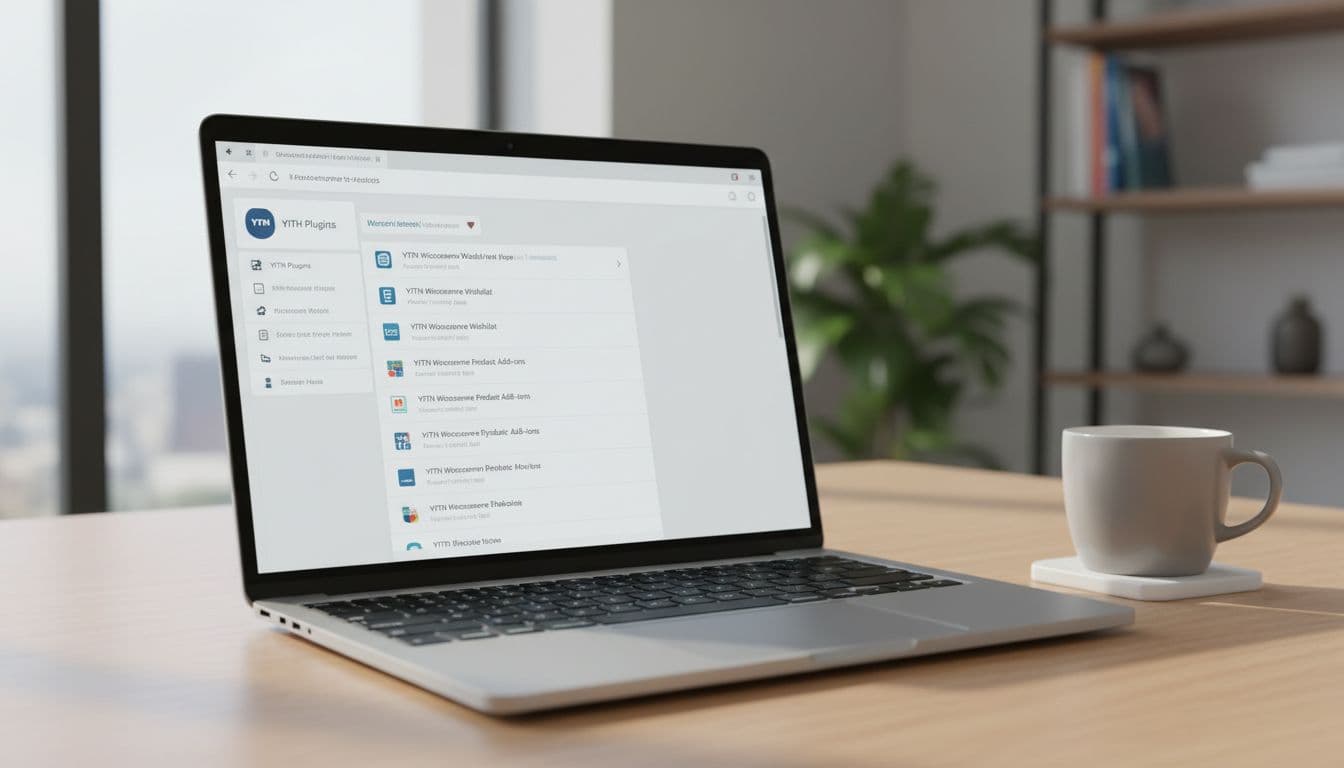 Modern WooCommerce admin dashboard showing installed YITH plugins list on a clean laptop screen at an angle, office desk with coffee mug, natural daylight, realistic style.